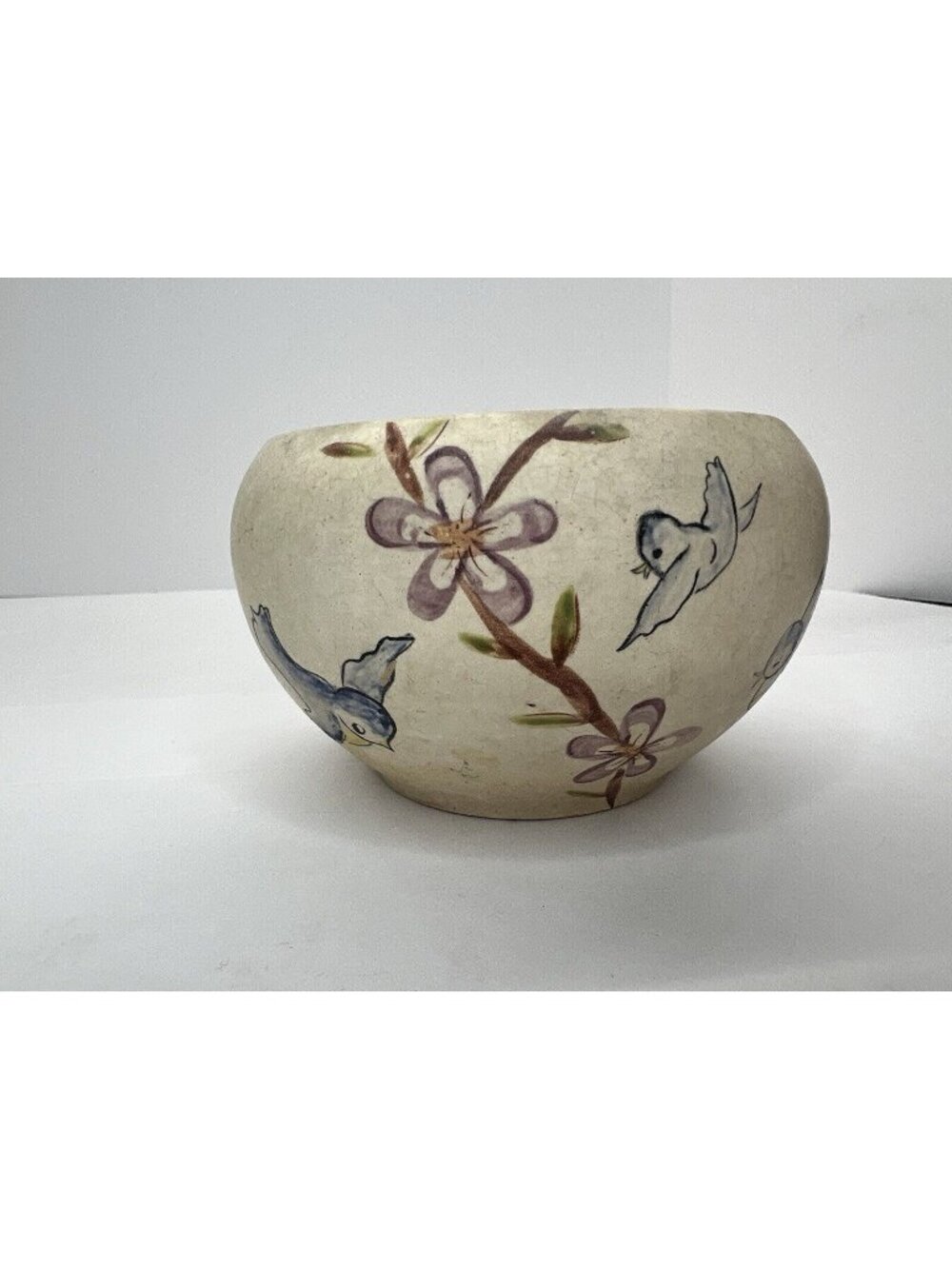 Vintage Planter Hand Painted Blue Bird Pottery Folk Art Signed Picchi 1968